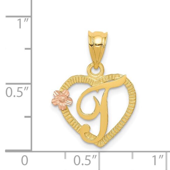 14k Two Tone Gold Grace Collection 15mm Heart Initial T Pendant - Picture 4 of 5